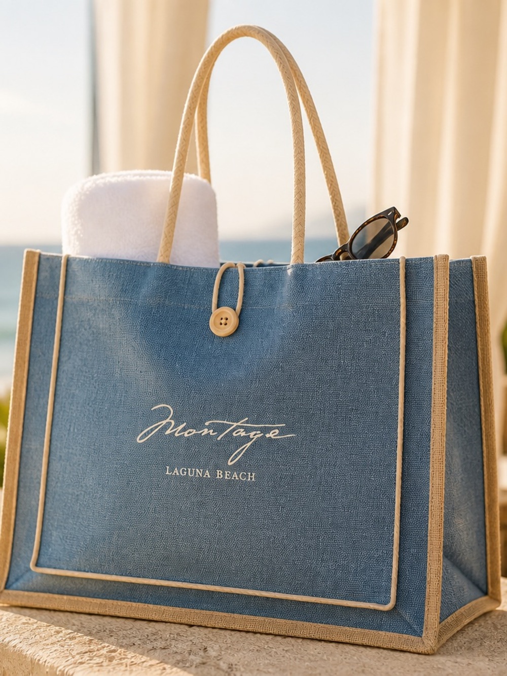 Stella Laguna Beach Blue Canvas Tote with Tan Trim